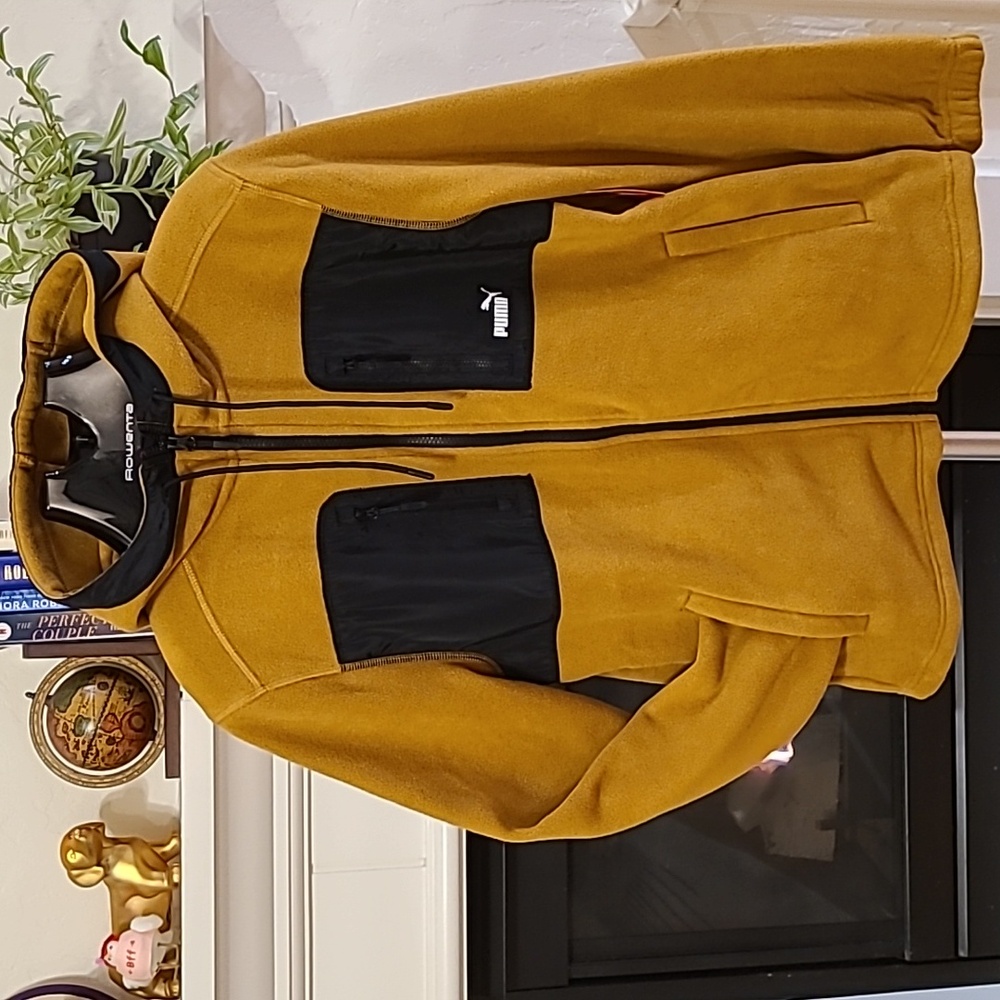 Puma Polar Fleece Hooded Gold Yellow Jacket Mens Small Black Accents‎